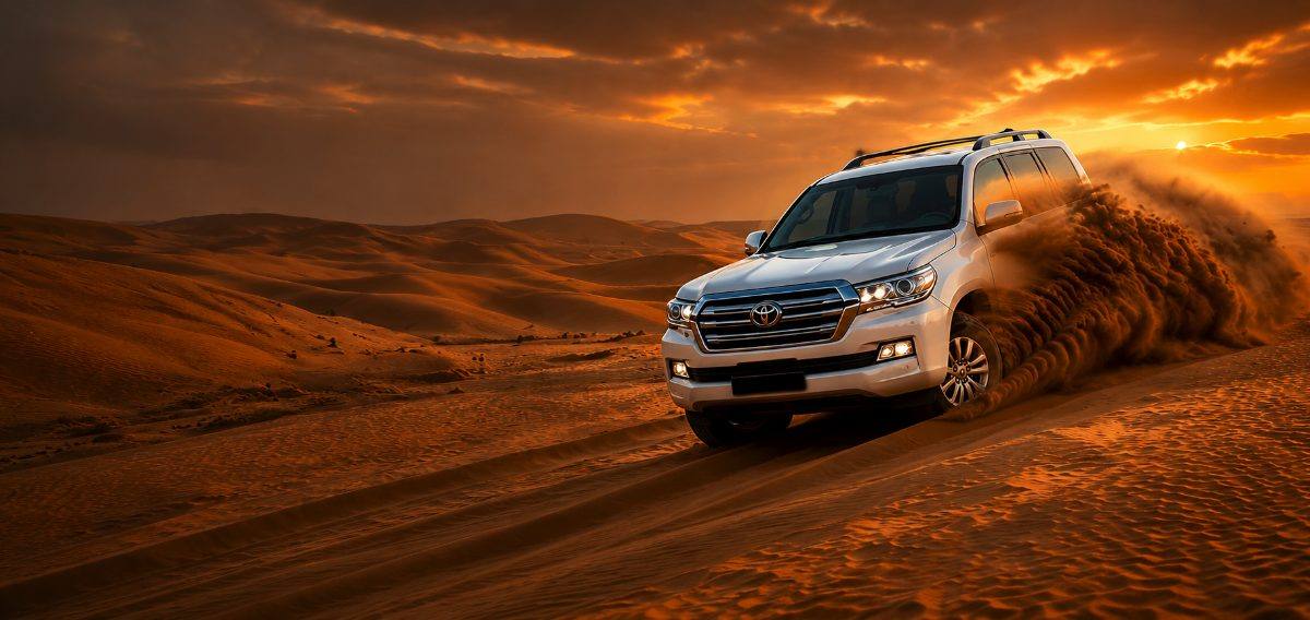 4x4 dune bashing across the red dunes of Dubai at sunset, the classic Dubai desert safari experience
