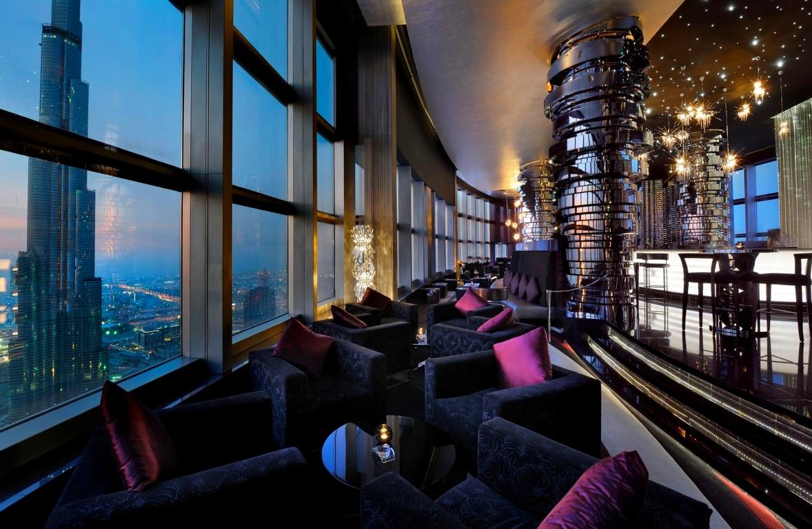 At The Top Sky lounge at blue hour with panoramic Burj Khalifa view