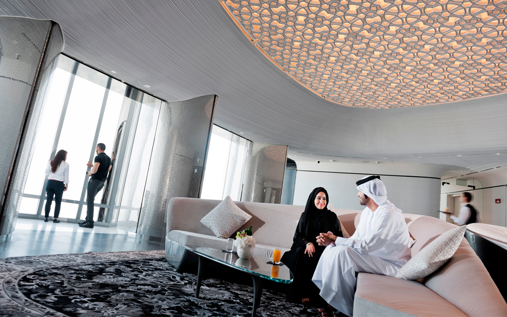 VIP lounge seating area at Burj Khalifa At The Top with city view