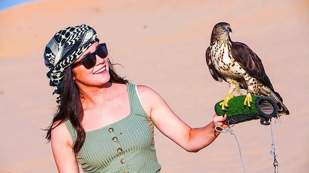 Desert Safari with BBQ Dinner Dubai camp setting with falconry photo session before dinner