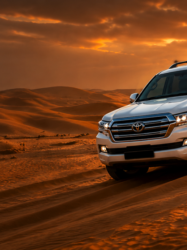 Lahbab Desert Safari Dubai – red dunes glowing at sunset with 4WD vehicles on the sand