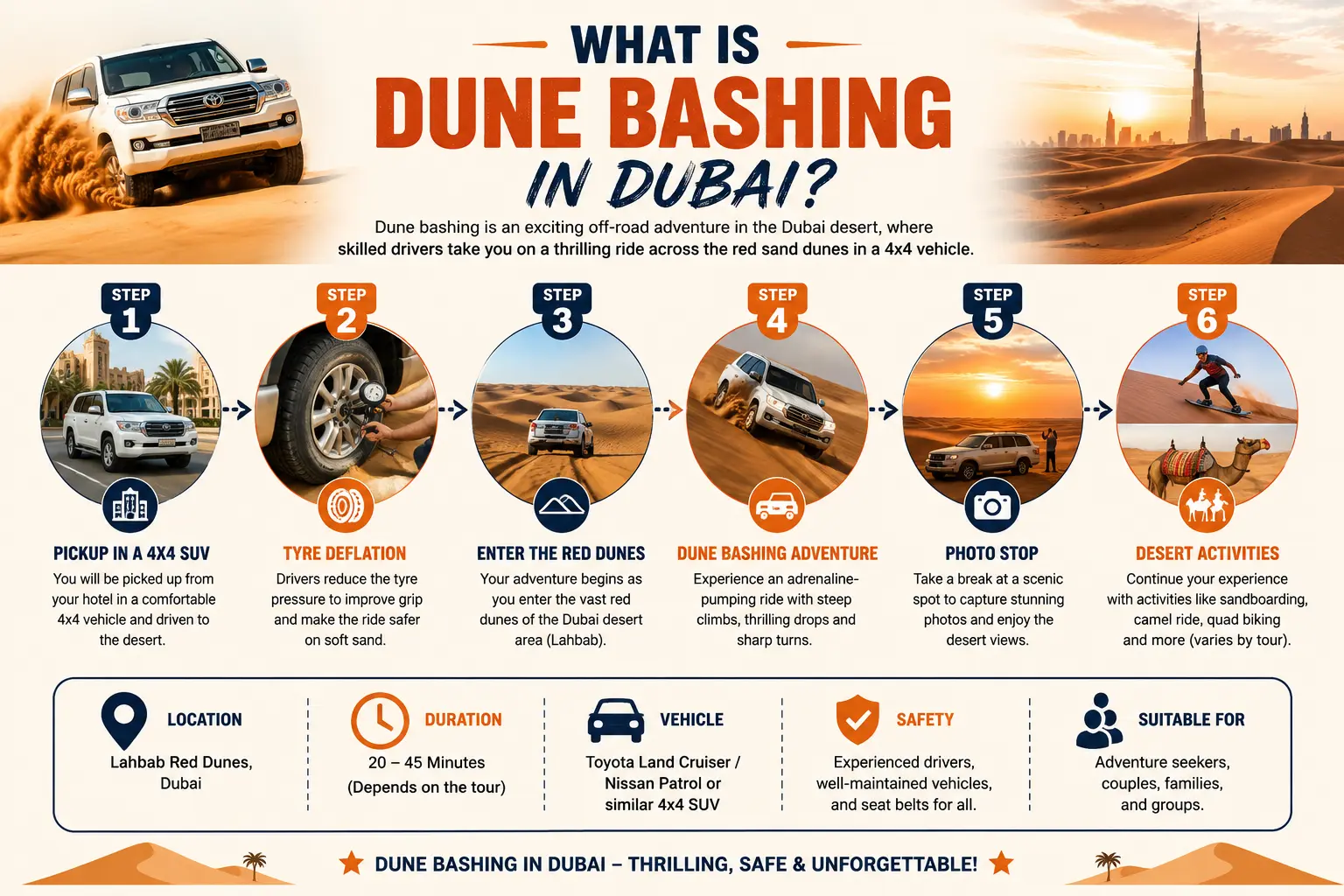 What is dune bashing in Dubai — 4x4 Land Cruiser driving over red sand dunes